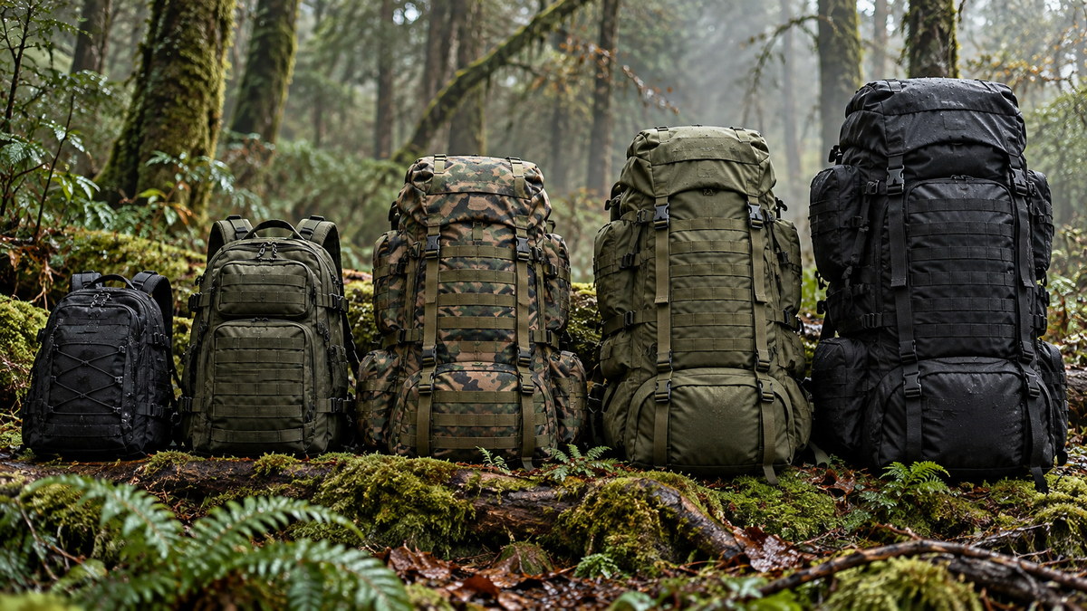Comparatif de cinq sacs à dos de survie de différents volumes en environnement outdoor.