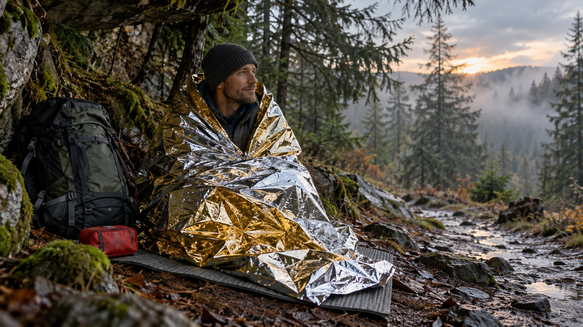 Randonneur enveloppé dans une couverture de survie en forêt humide.