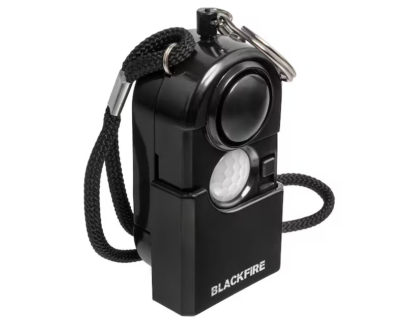 Alarme personnelle Blackfire Travel Mini noire avec dragonne et détecteur PIR