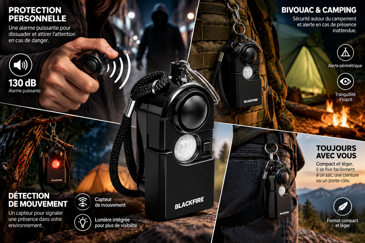Infographie technique Blackfire Travel Mini 120 dB, portée 3 m et dimensions.