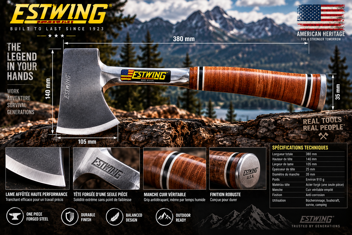 Hache Estwing E24A Sportsman’s Axe – Manche cuir – Acier forgé – Made in USA