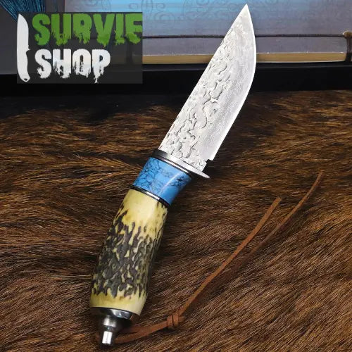 Couteau droit de chasse suédois en acier Damas Manche en Pierre - Survie Shop