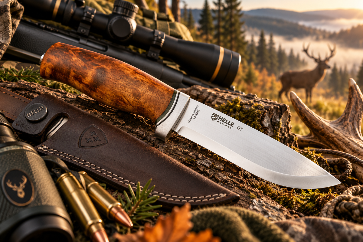 Couteau Helle GT présenté dans un décor de chasse et de forêt.