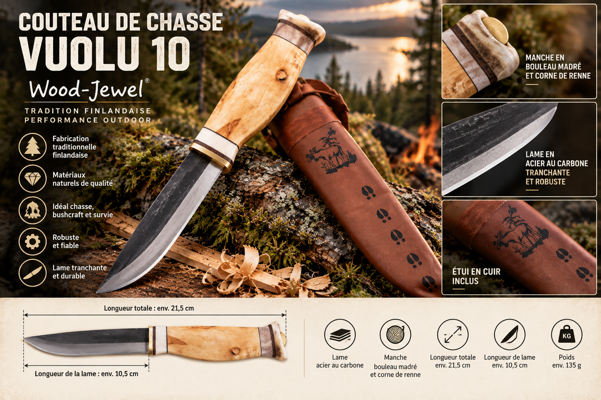 Couteau Bushcraft Finlandais Wood-Jewel Vuolu 10 – Lame Carbone