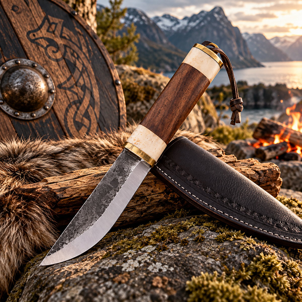 Couteau Viking en Acier Carbone – Manche Os et Bois avec Étui Cuir