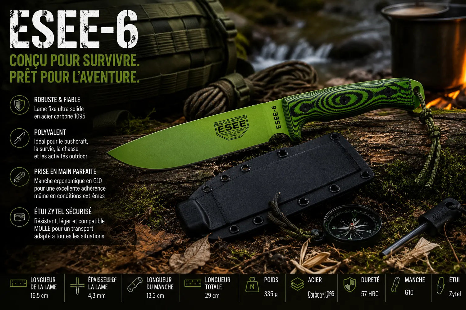 ESEE-6 Orange ou Vert – Couteau de Survie Professionnel en Acier Carbone 1095 | Bushcraft, Camping, Chasse & Outdoor