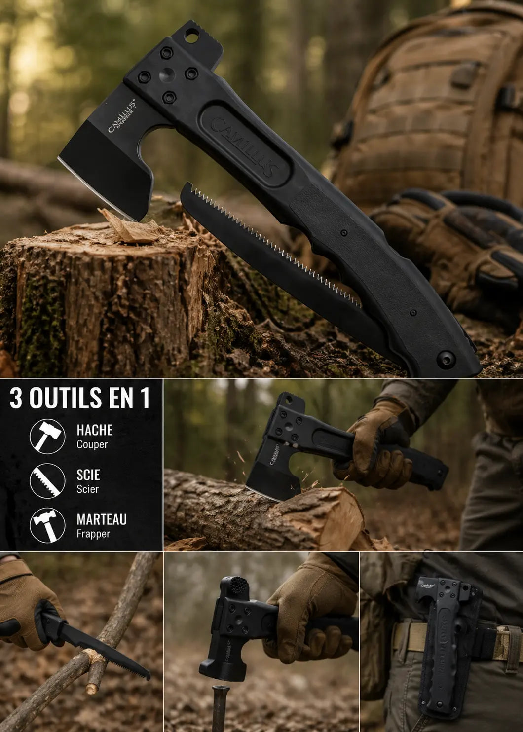 Hachette Multifonction 3-en-1 CAMTRAX™ – Outil de Survie Ultime
