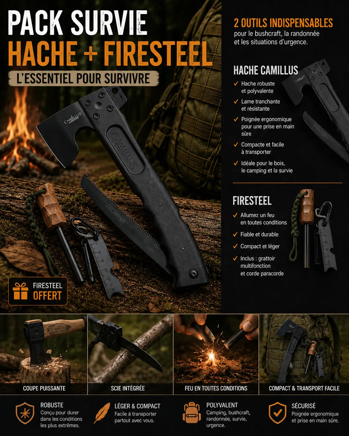 Hachette Multifonction 3-en-1 CAMTRAX™ – Outil de Survie Ultime