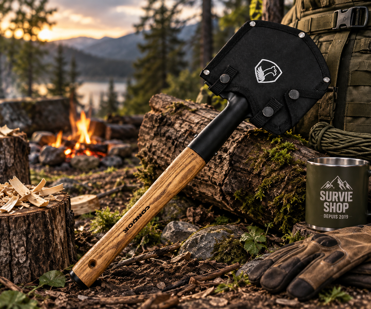 Pelle de survie Condor – Acier carbone 1045 & manche Hickory américain brûlé