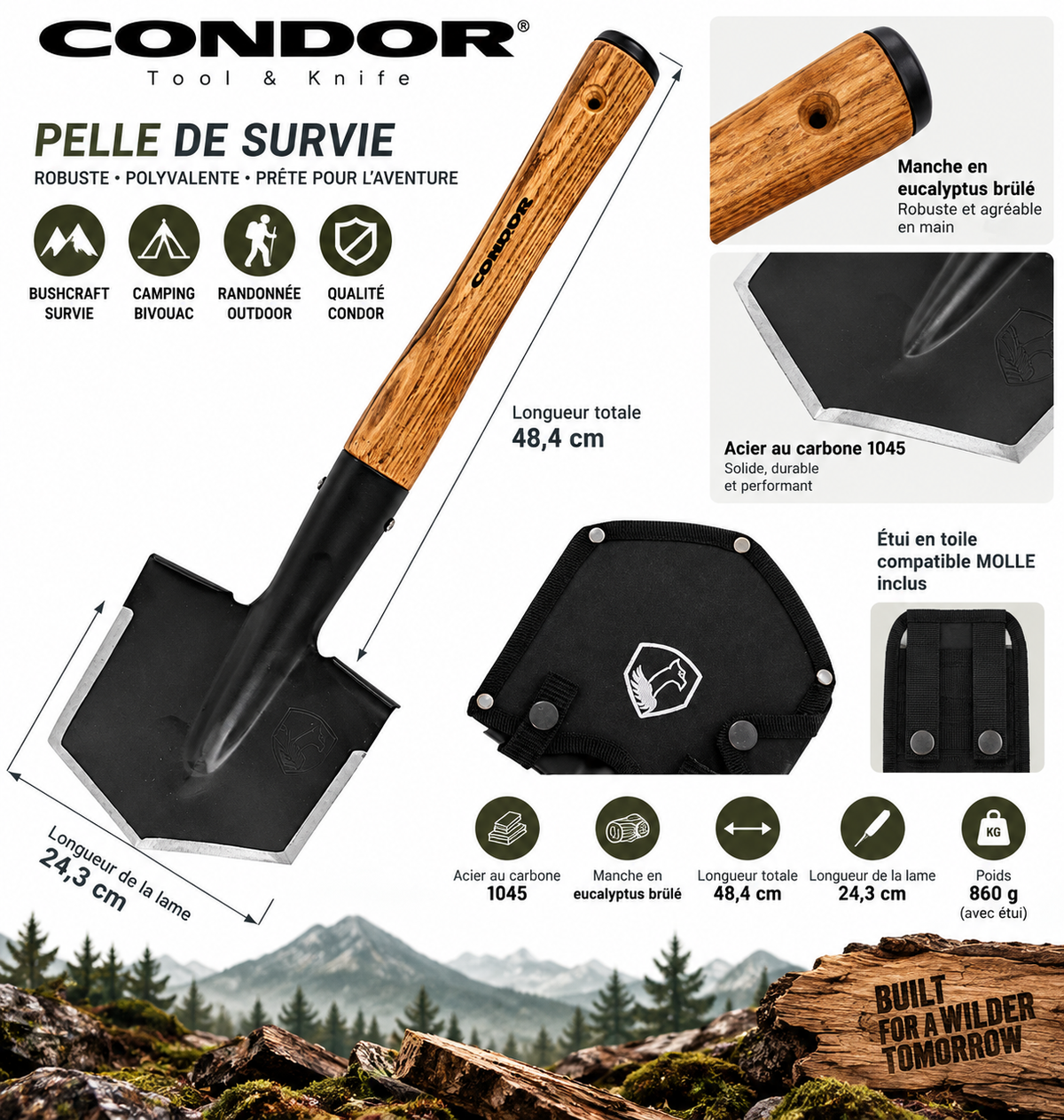 Pelle de survie Condor – Acier carbone 1045 & manche Hickory américain brûlé