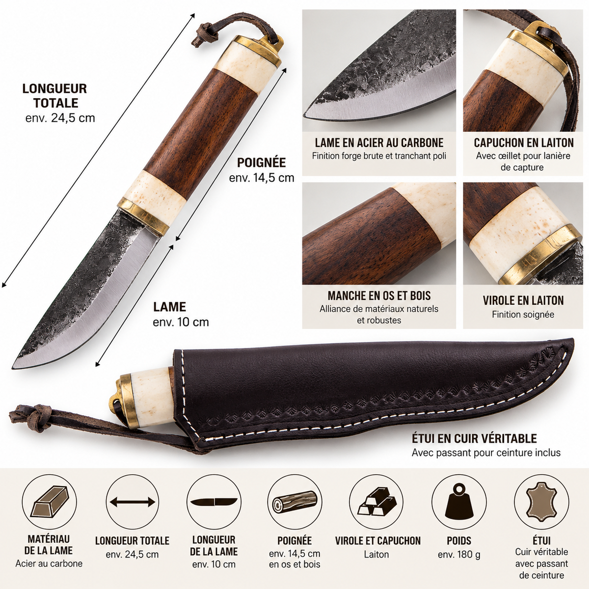 Couteau Viking en Acier Carbone – Manche Os et Bois avec Étui Cuir