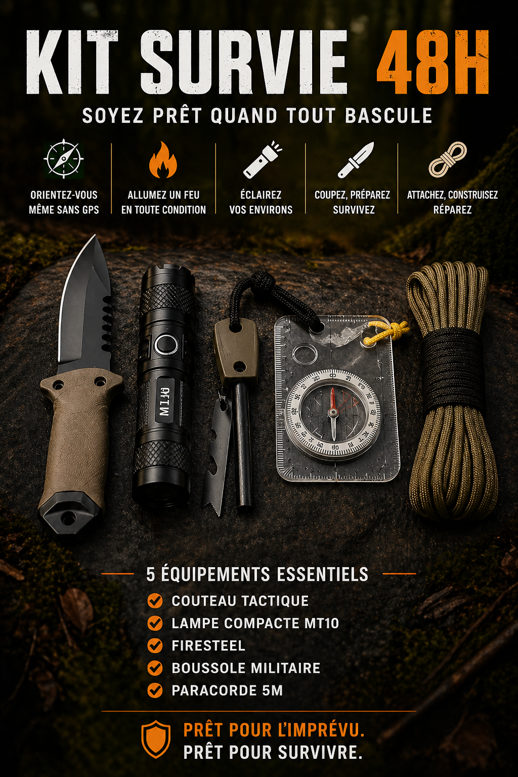 Kit de Survie Complet 48H – Couteau, Firesteel, Boussole & Lampe Tactique