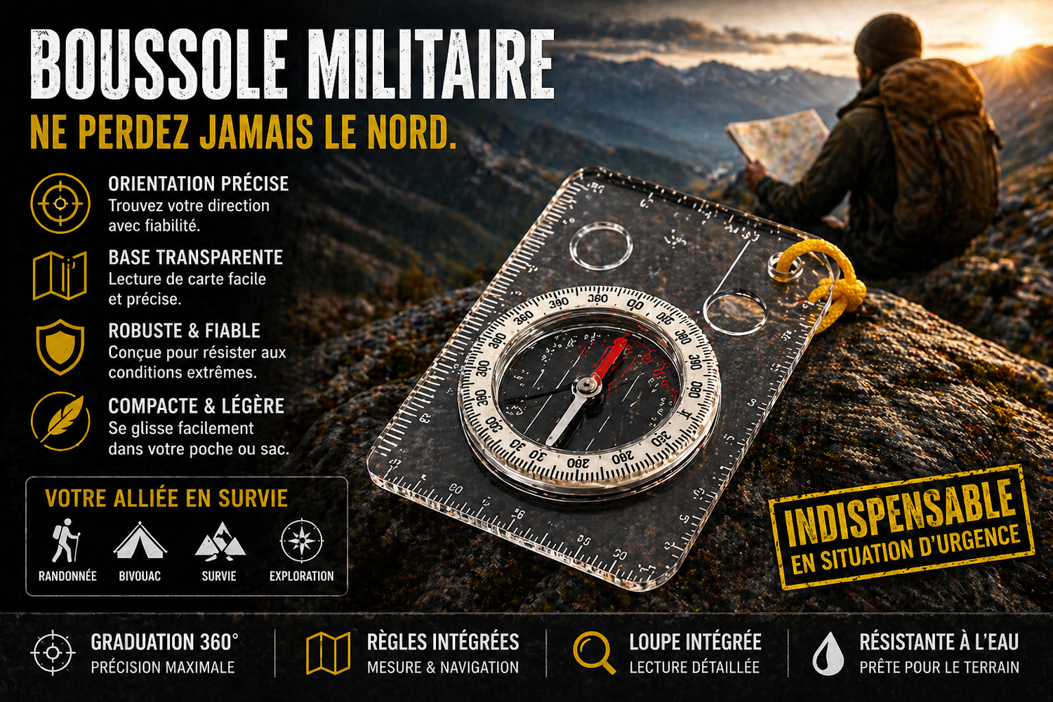 Kit de Survie Complet 48H – Couteau, Firesteel, Boussole & Lampe Tactique