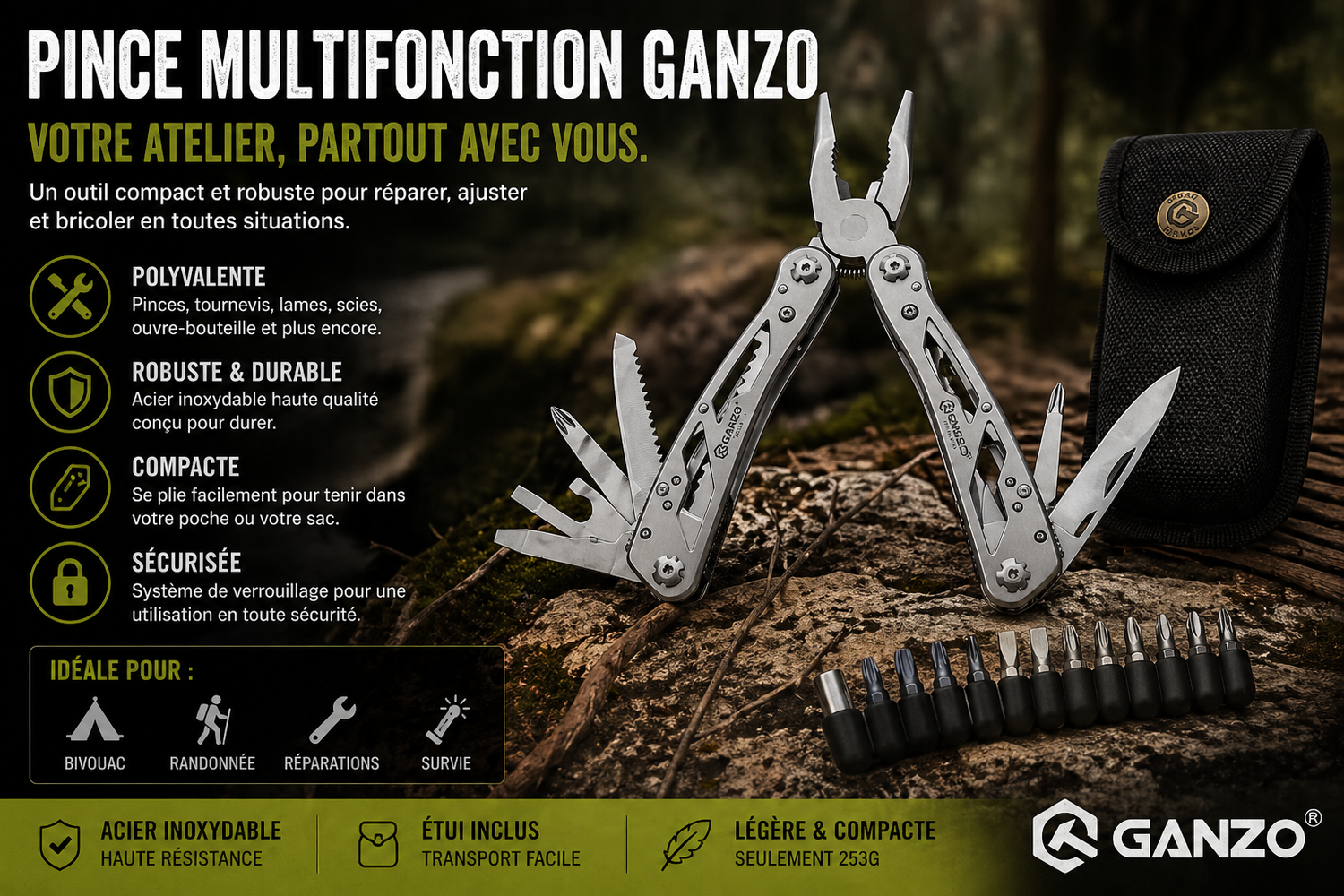 Kit de Survie Complet 48H – Couteau, Firesteel, Boussole & Lampe Tactique