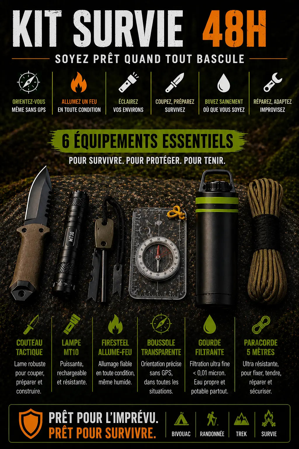 Kit de Survie Complet 48H – Couteau, Firesteel, Boussole & Lampe Tactique