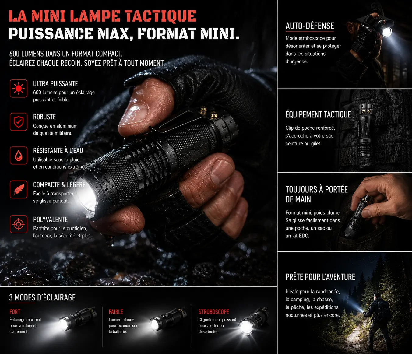 Lampe torche de poche - Led-600Lumen