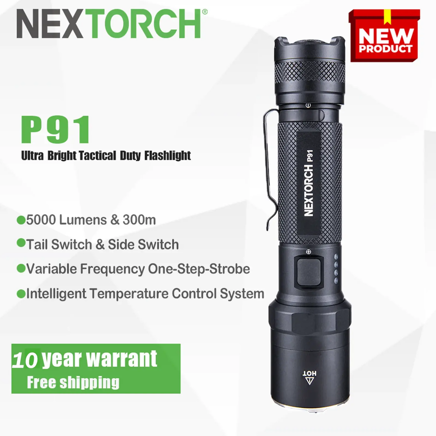 NEXTORCH P91 lampe de poche tactique 5000 lumens, lampe de poche haute puissance à double interrupteur Rechargeable avec système de contrôle de température