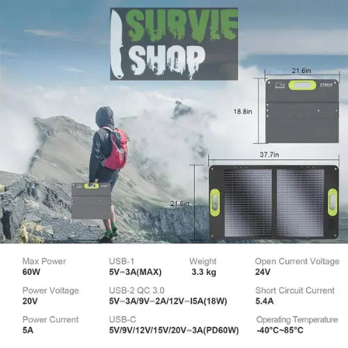 PANNEAU SOLAIRE PORTATIF: 60W, Énergie Fiable & Écologique - Survie Shop