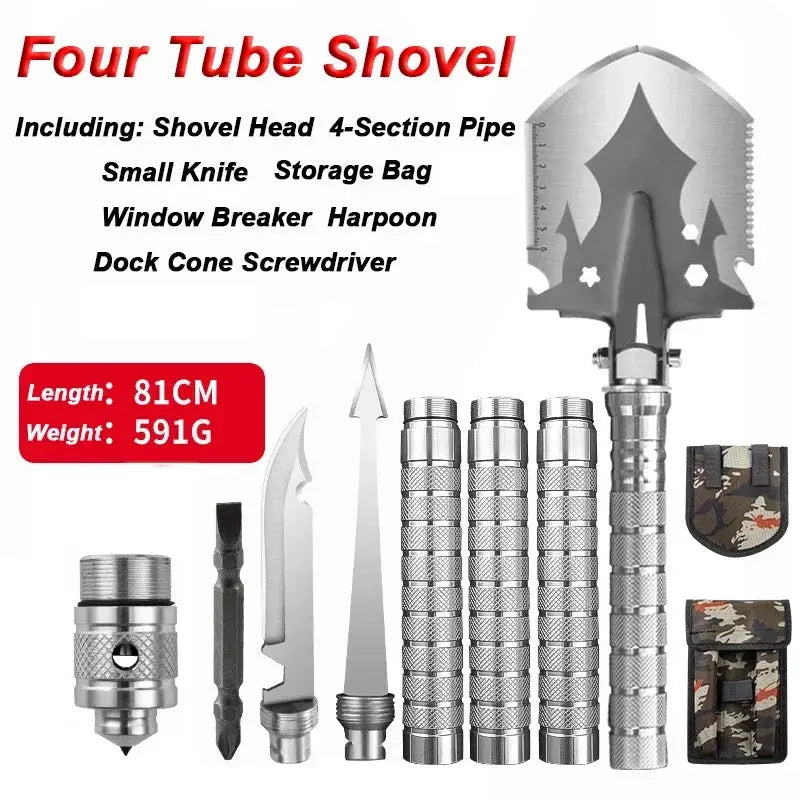 Pelle de Survie Multifonction 4 en 1 en Acier Inoxydable - Survie Shop