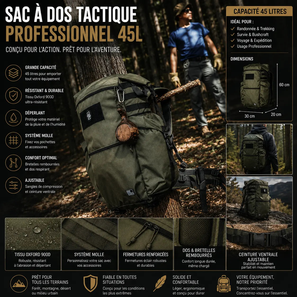 Sac à Dos Bushcraft OneTigris WILD ROCKET 45L En Nylon Cordura