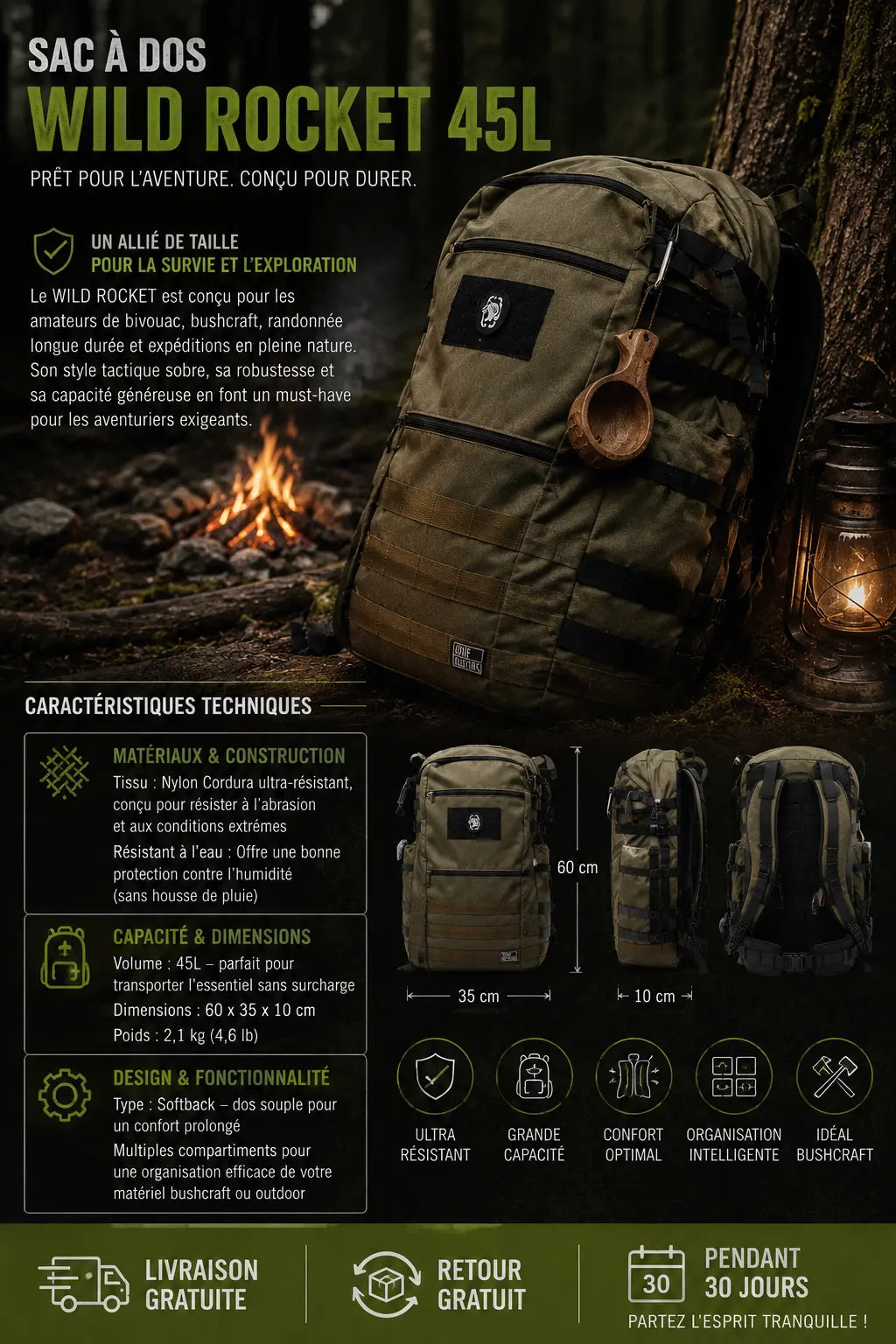 Sac à Dos Bushcraft OneTigris WILD ROCKET 45L En Nylon Cordura