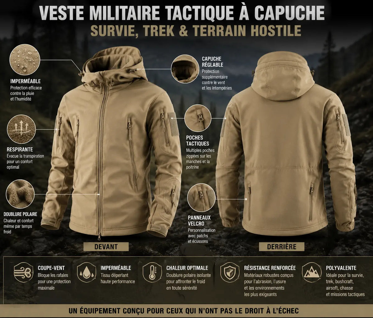 Veste Tactique Militaire Imperméable – Capuche Outdoor & Survivalisme