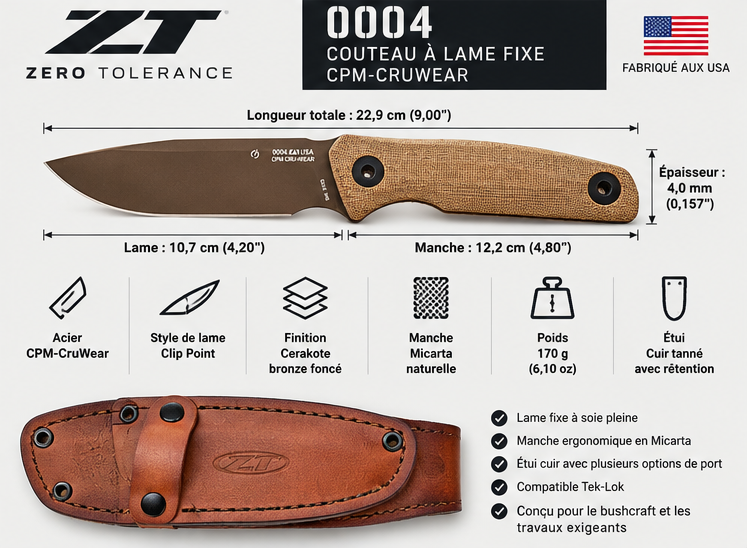 Couteau Zero Tolerance ZT0004 – CPM CruWear Bushcraft