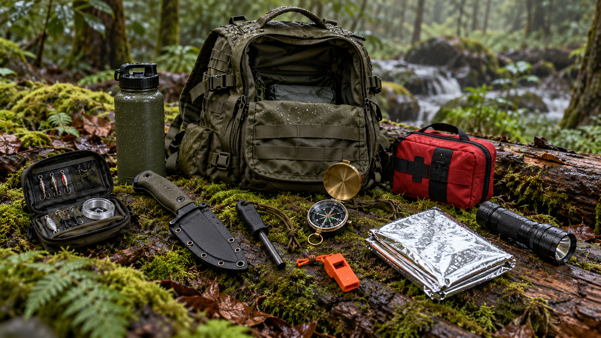 Kit de survie avec dix outils indispensables disposés devant un sac à dos en forêt.