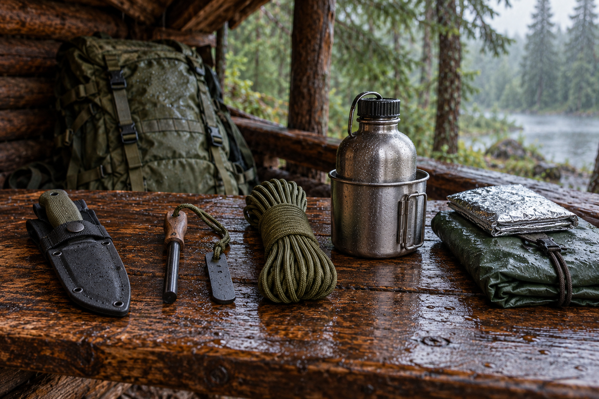 Matériel de la méthode des 5C disposé sur une table de bivouac en forêt.