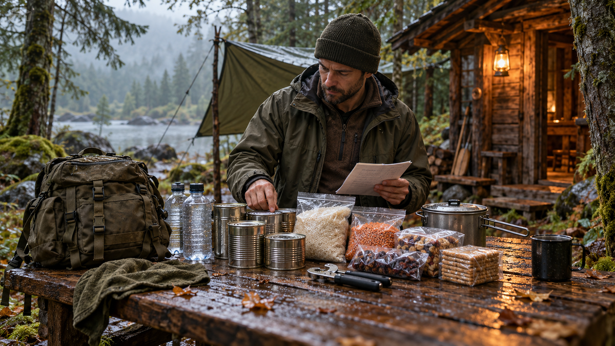 Préparation d’une réserve alimentaire de survie près d’un abri en forêt.