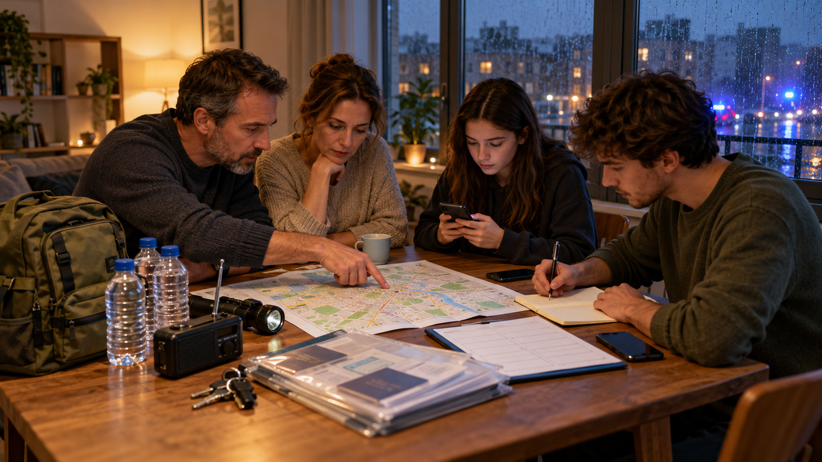Famille préparant un plan d’urgence autour d’une carte et de documents.