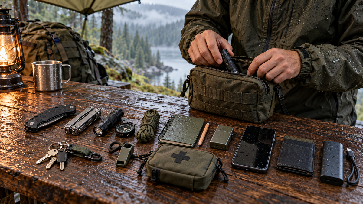 EDC outdoor avec couteau pliant fermé, multitool, lampe, boussole et accessoires compacts.