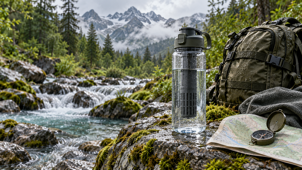 Gourde filtrante avec sac à dos et carte près d’un ruisseau alpin