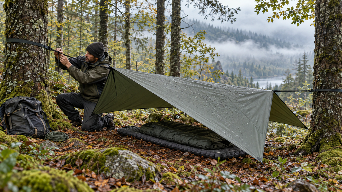 Randonneur installant un abri temporaire en tarp dans une forêt humide.