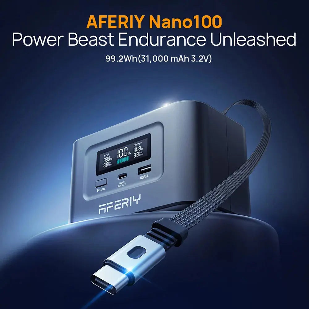 AFERIY Nano100 Centrale Électrique Portable 99,2Wh – Charge Rapide 100W USB-C, Batterie LiFePO4 3000 Cycles, Format Avion, Power Station Compacte