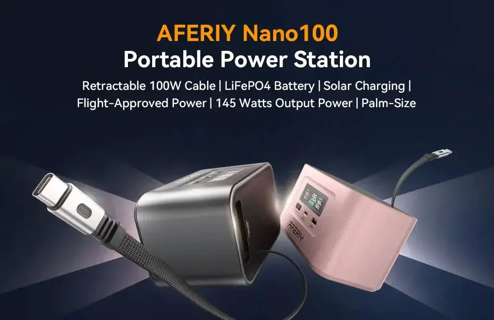 AFERIY Nano100 Centrale Électrique Portable 99,2Wh – Charge Rapide 100W USB-C, Batterie LiFePO4 3000 Cycles, Format Avion, Power Station Compacte
