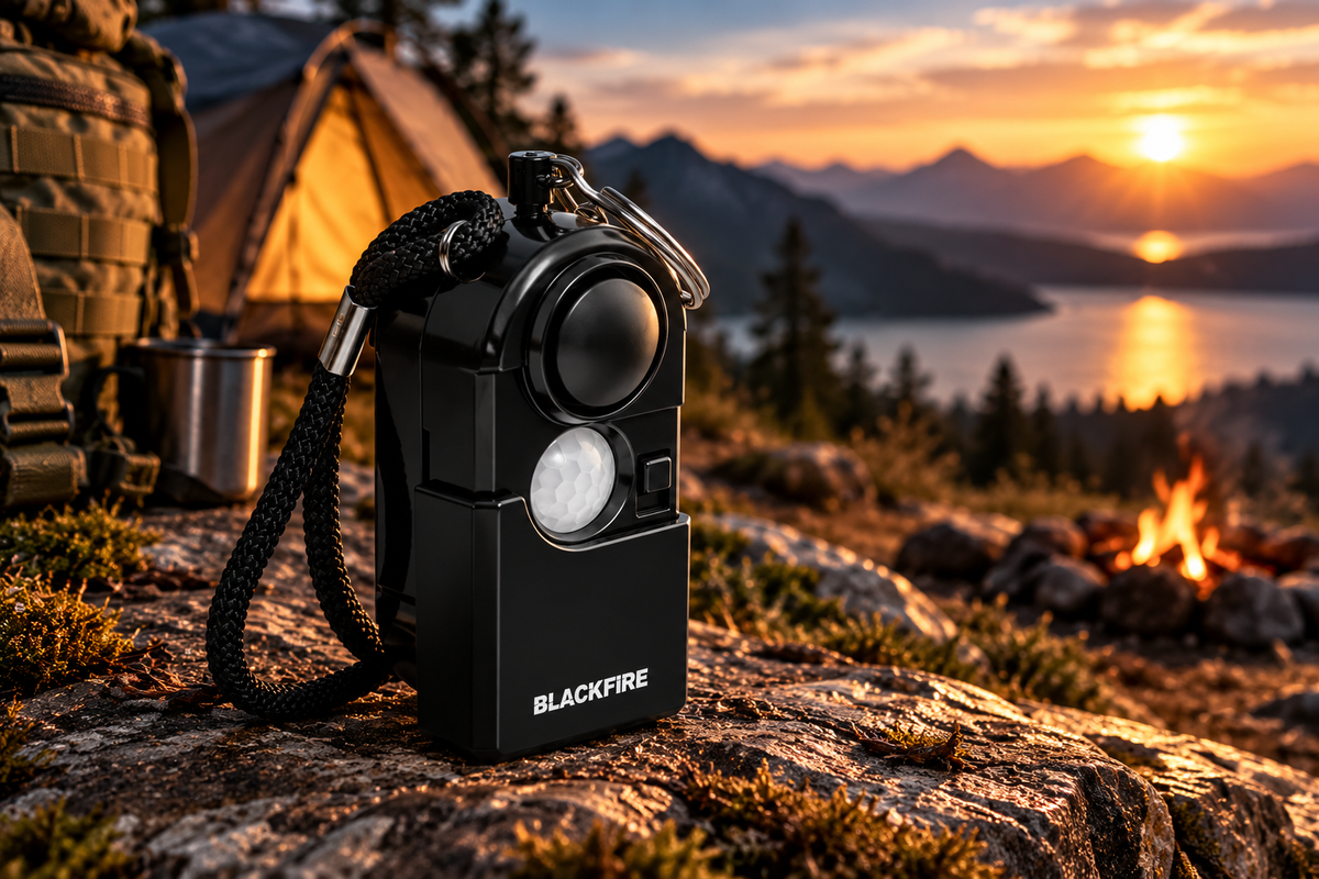 Alarme Blackfire Travel Mini en situation de bivouac au bord d'un lac.