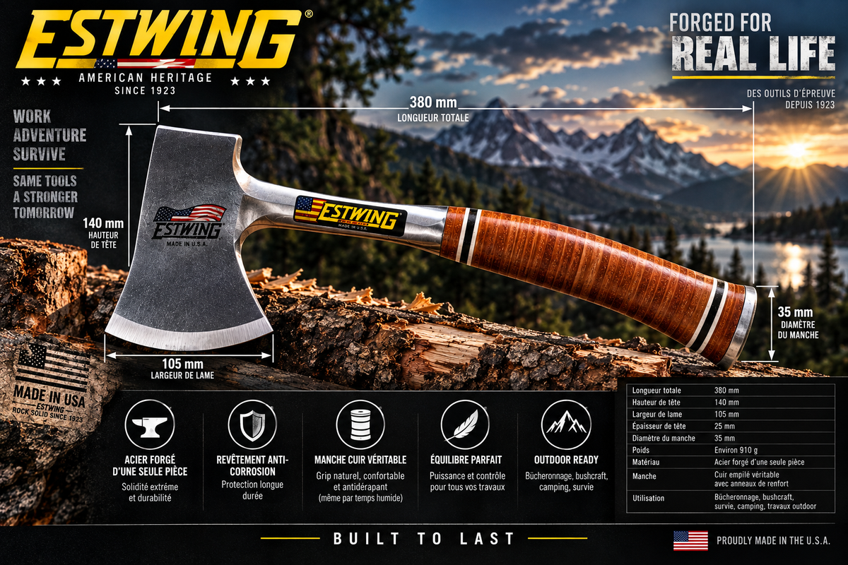 Hache Estwing E24A Sportsman’s Axe – Manche cuir – Acier forgé – Made in USA