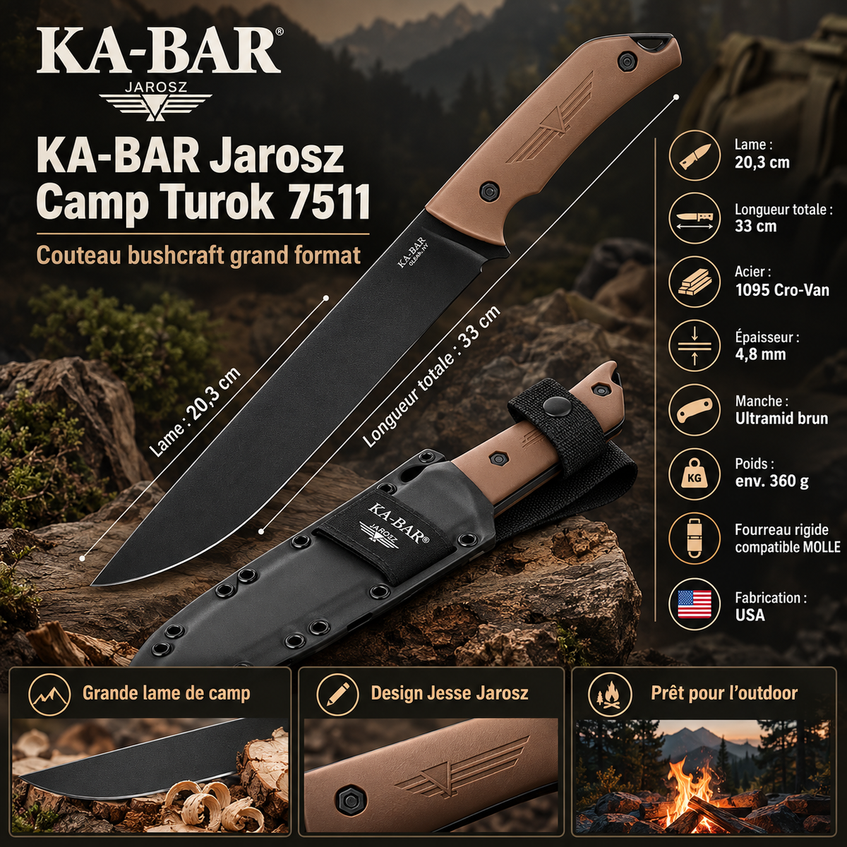 KA-BAR Jarosz Camp Turok 7511 – Couteau Bushcraft 1095 Cro-Van