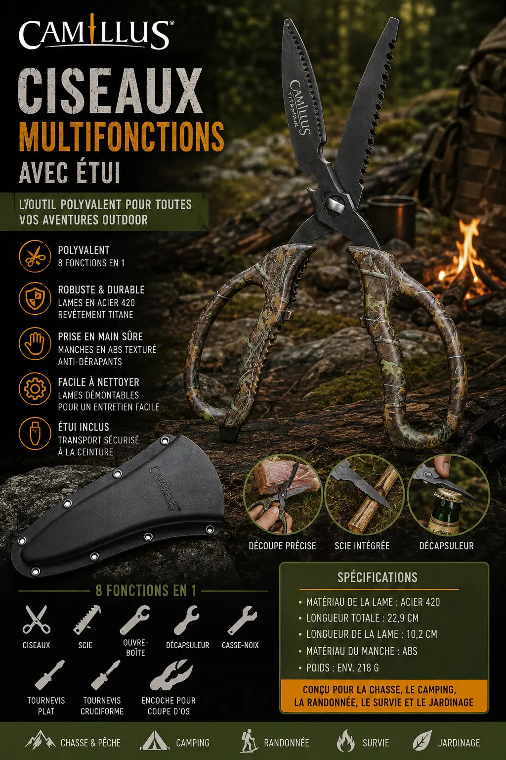Ciseaux multifonctions outdoor Camillus 8-en-1 – Scie & outils – Camping, chasse, survie