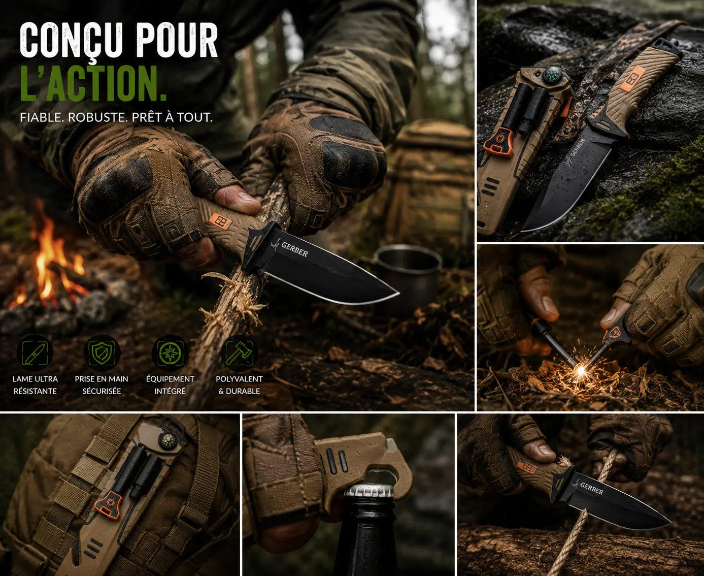 Couteau Bushcraft Survivaliste – Lame Fixe Tactical Avec Allume-Feu & Boussole