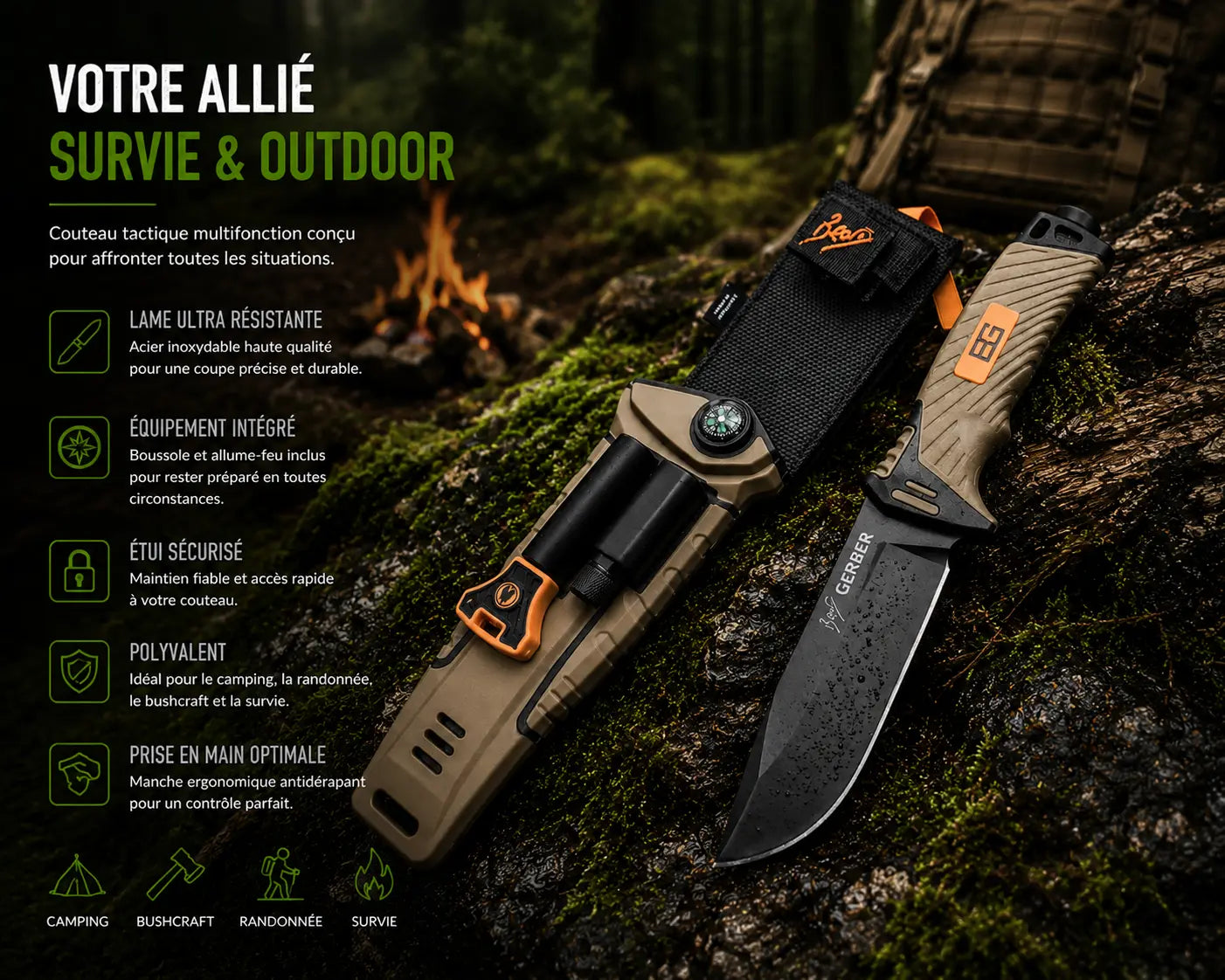 Couteau Bushcraft Survivaliste – Lame Fixe Tactical Avec Allume-Feu & Boussole