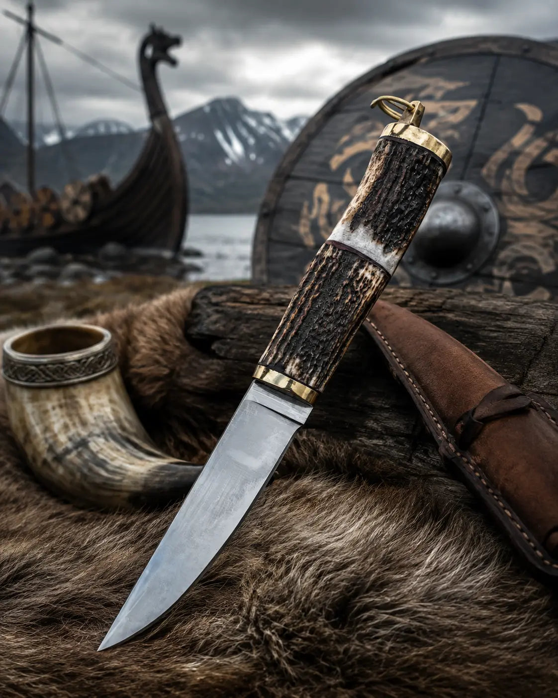 Couteau Viking Corne de Cerf – Acier Carbone – Étui Cuir – Couteau Nordique Scandinave