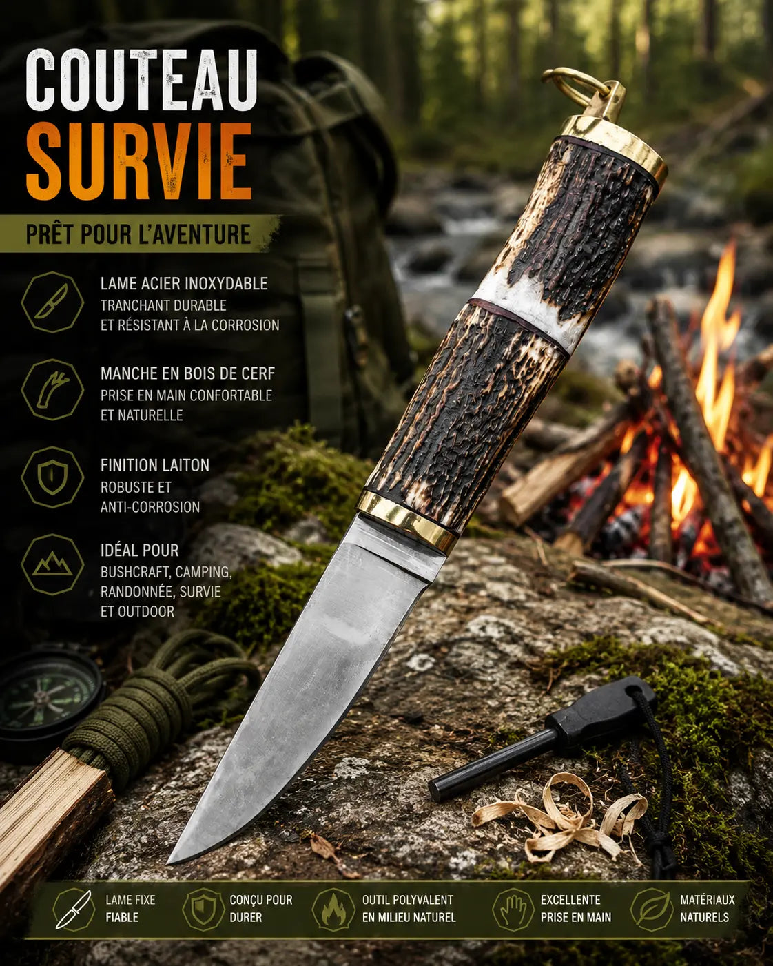 Couteau Viking Corne de Cerf – Acier Carbone – Étui Cuir – Couteau Nordique Scandinave