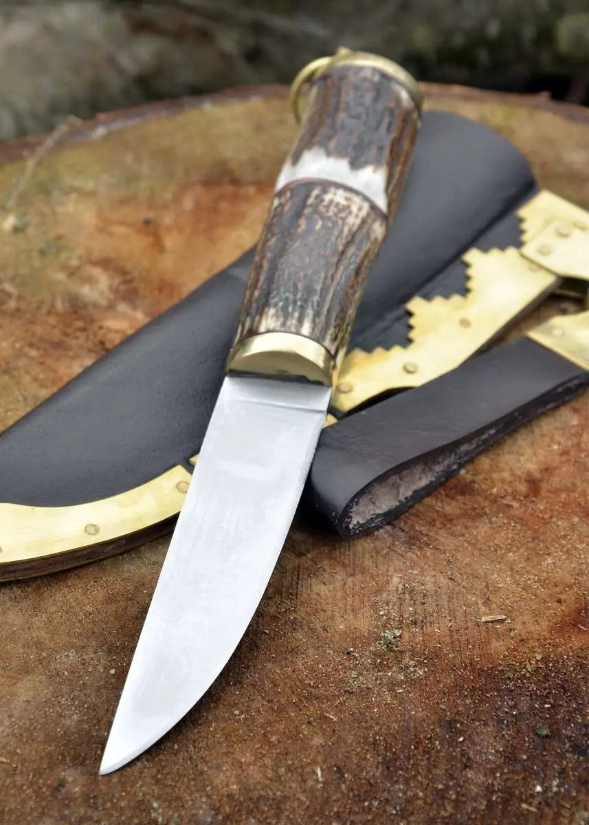 Couteau Viking Corne de Cerf – Acier Carbone – Étui Cuir – Couteau Nordique Scandinave