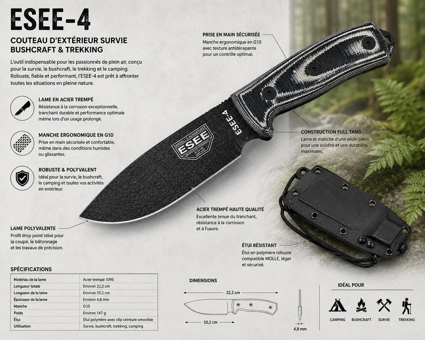 Couteau ESEE-4 – Lame Fixe G10 | Bushcraft, Survie & Outdoor