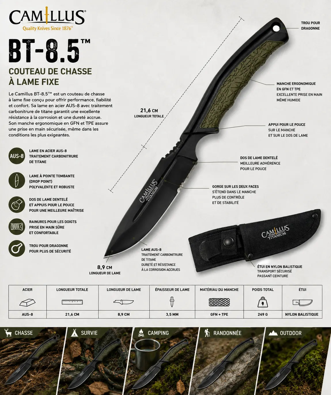 Couteau de chasse Camillus BT-8.5™ – Lame Fixe AUS-8