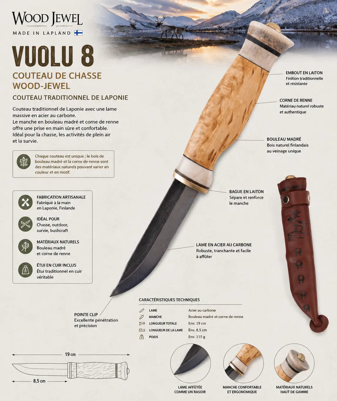 Couteau de chasse VUOLU 8 – Wood Jewel | Couteau traditionnel de Laponie