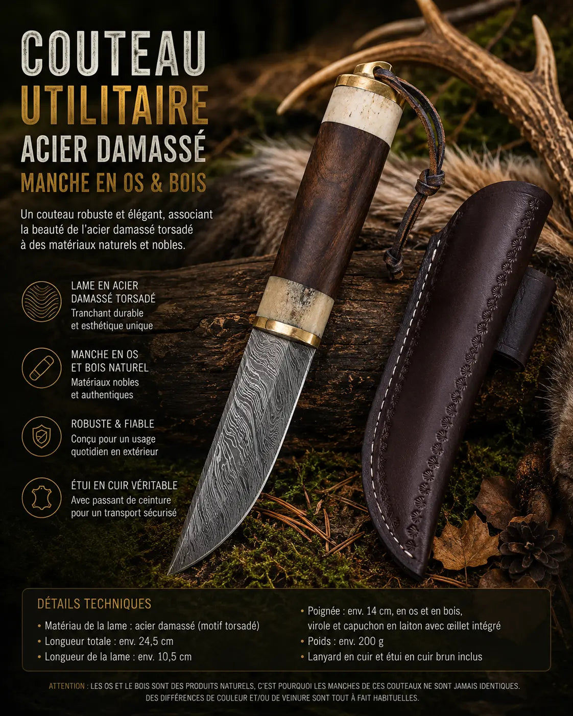 Couteau acier damas – Manche bois & os – Étui en cuir – Outdoor & Collection