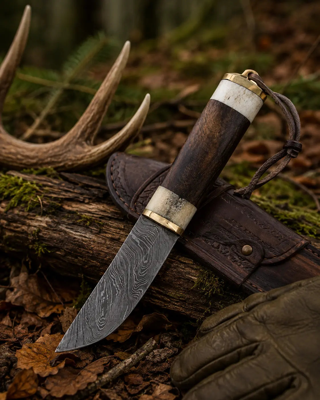 Couteau acier damas – Manche bois & os – Étui en cuir – Outdoor & Collection
